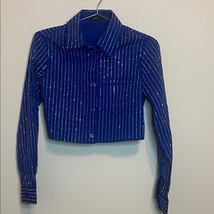 Blue Sparkle Cropped Button Down Top